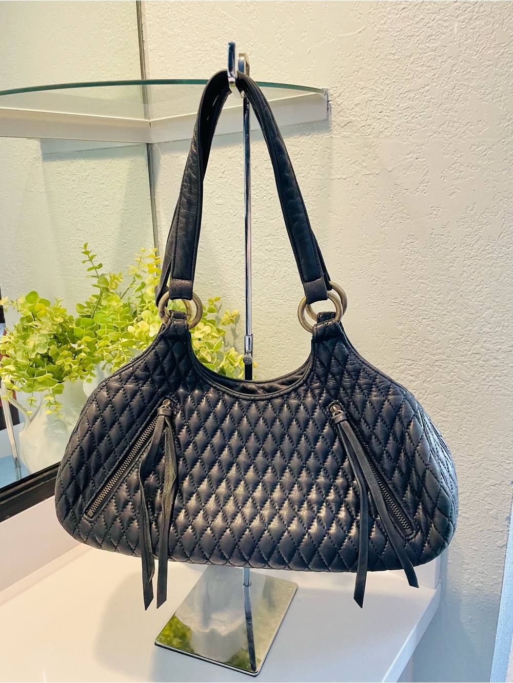 Eric Javits Quilted Black Shoulder Bag with Ring Accent